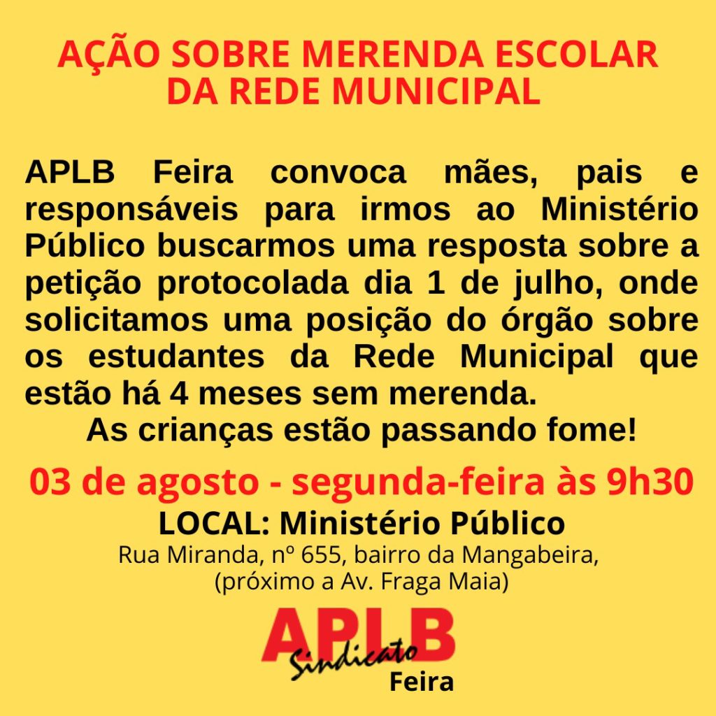 APLB convoca pais de alunos para cobrar ao MP pagamento de auxílio merenda