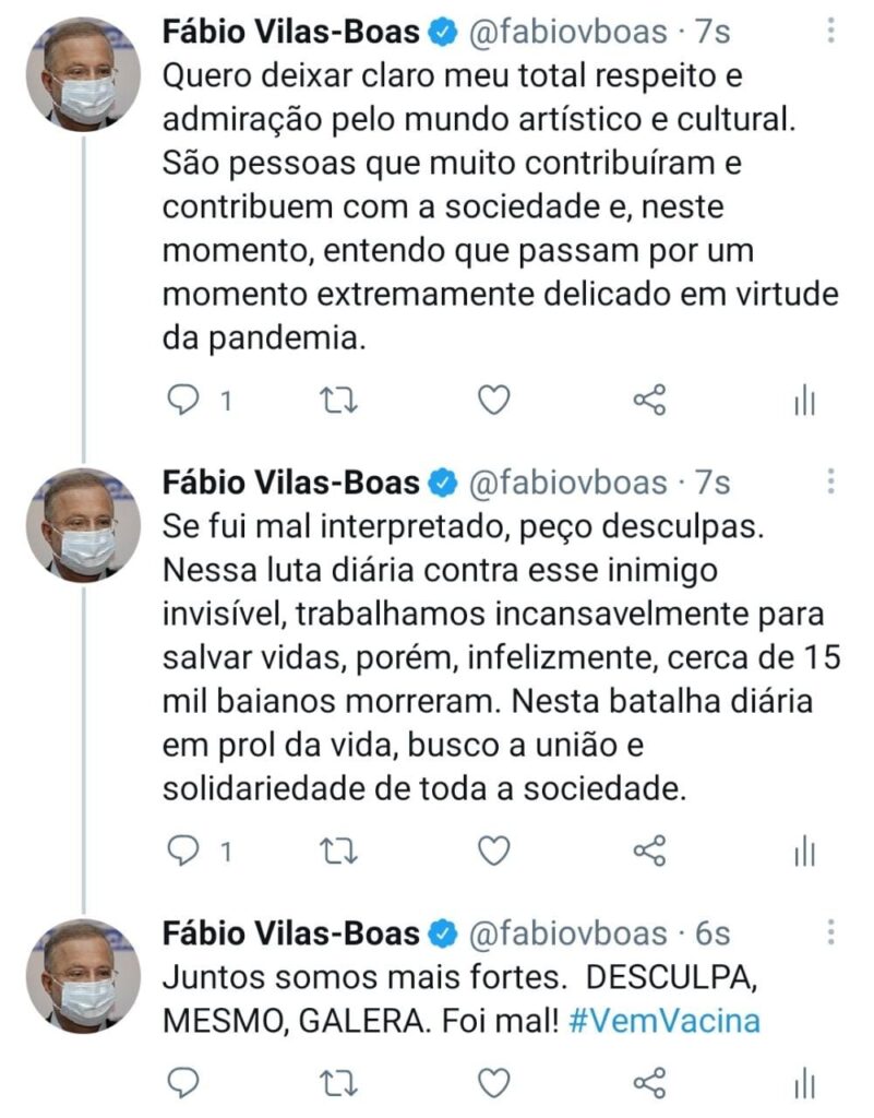 Secretário da Saúde da Bahia se desculpa com a classe artística após críticas no Twitter