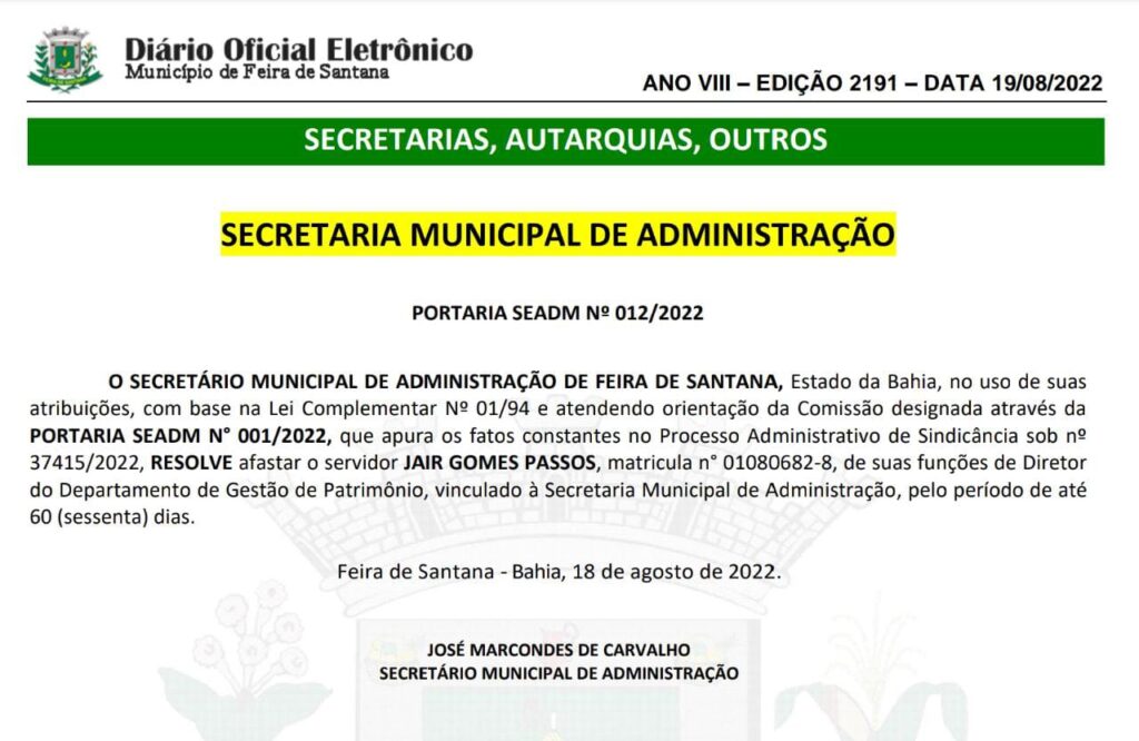 Após orientação da comissão de sindicância, Prefeitura de Feira afasta acusado de assédio