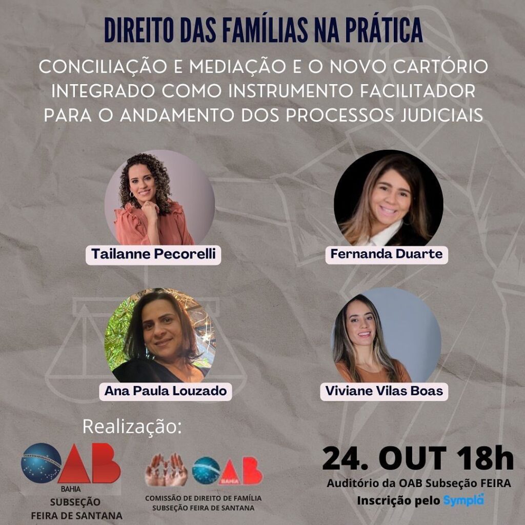 Comissão de Direito das Famílias da OAB Feira realizará evento para discutir facilidades no andamento dos processos