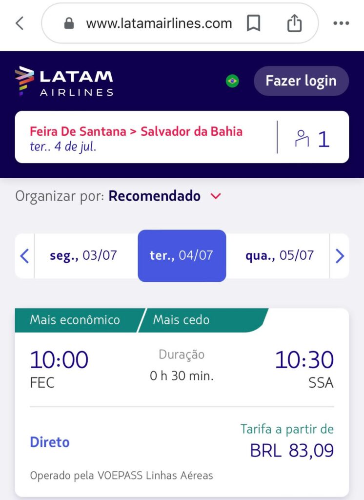 Empresa aérea começa a vender passagens para o voo Feira-Salvador; confira os valores