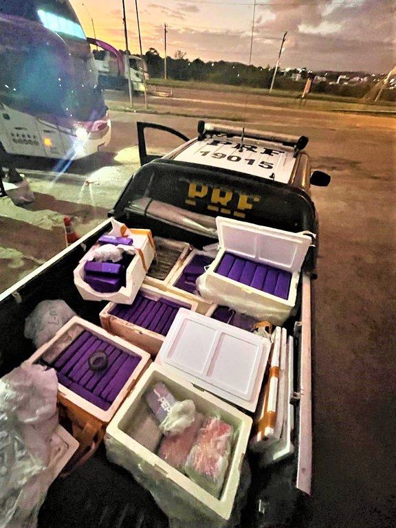 PRF apreende 106 quilos de maconha e nove quilos de cocaína em ônibus de turismo que passava por Feira