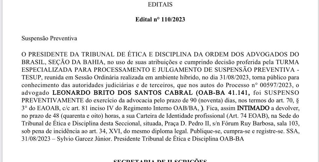 OAB suspende licença de advogado de Feira de Santana suspeito de