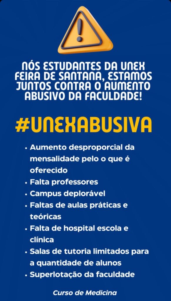 Estudantes de medicina da UNEX Feira de Santana realizam protesto virtual contra aumento abusivo e condições precárias