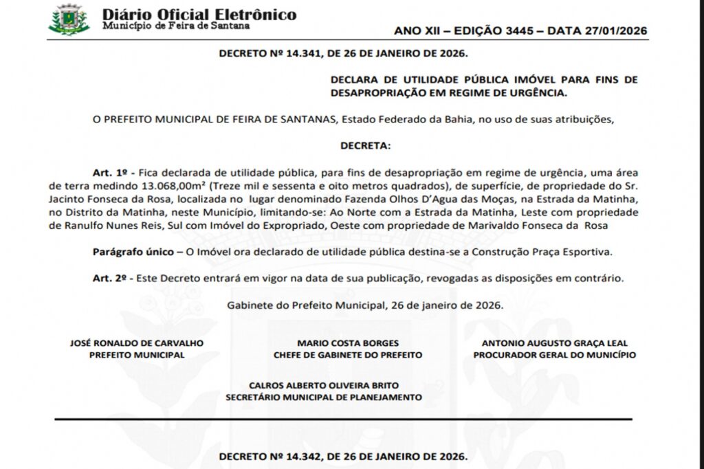 Decreto autoriza desapropriação de área na Matinha para construção de praça esportiva