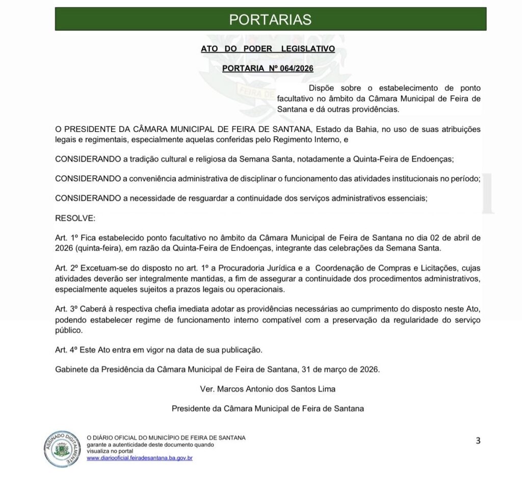 Câmara de Feira decreta ponto facultativo na Quinta-Feira Santa