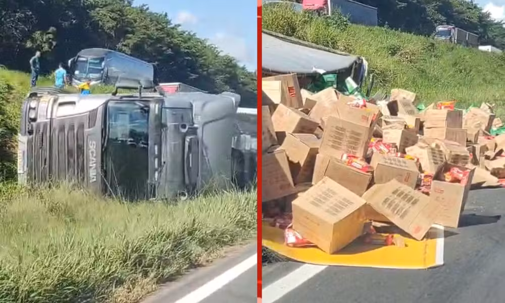 Carga de biscoitos é saqueada após carreta tombar na BR-324 e provocar congestionamento