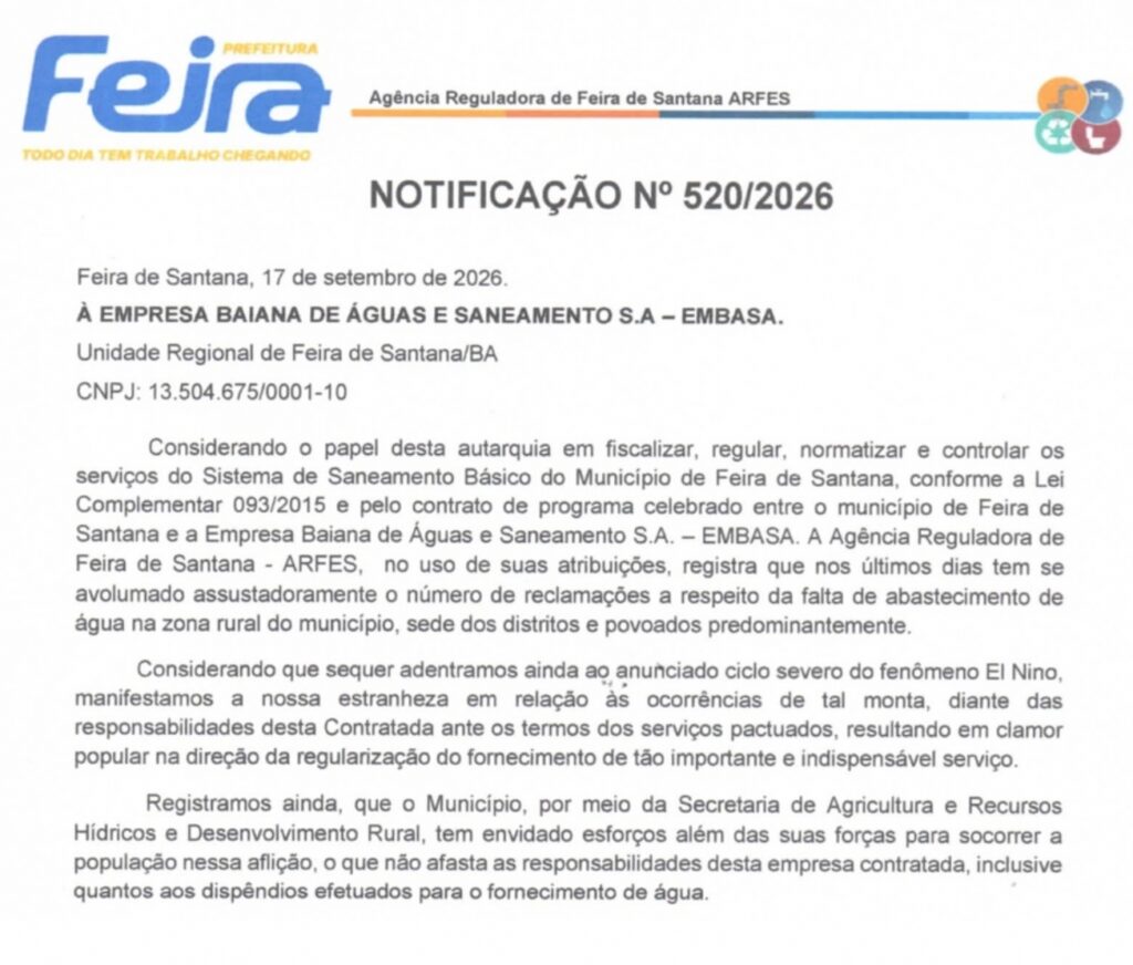 Após reclamações, ARFES notifica Embasa para explicar falta de água na zona rural de Feira